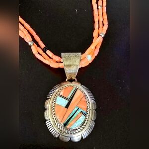 Coral Opal & Onyx Pendant necklace